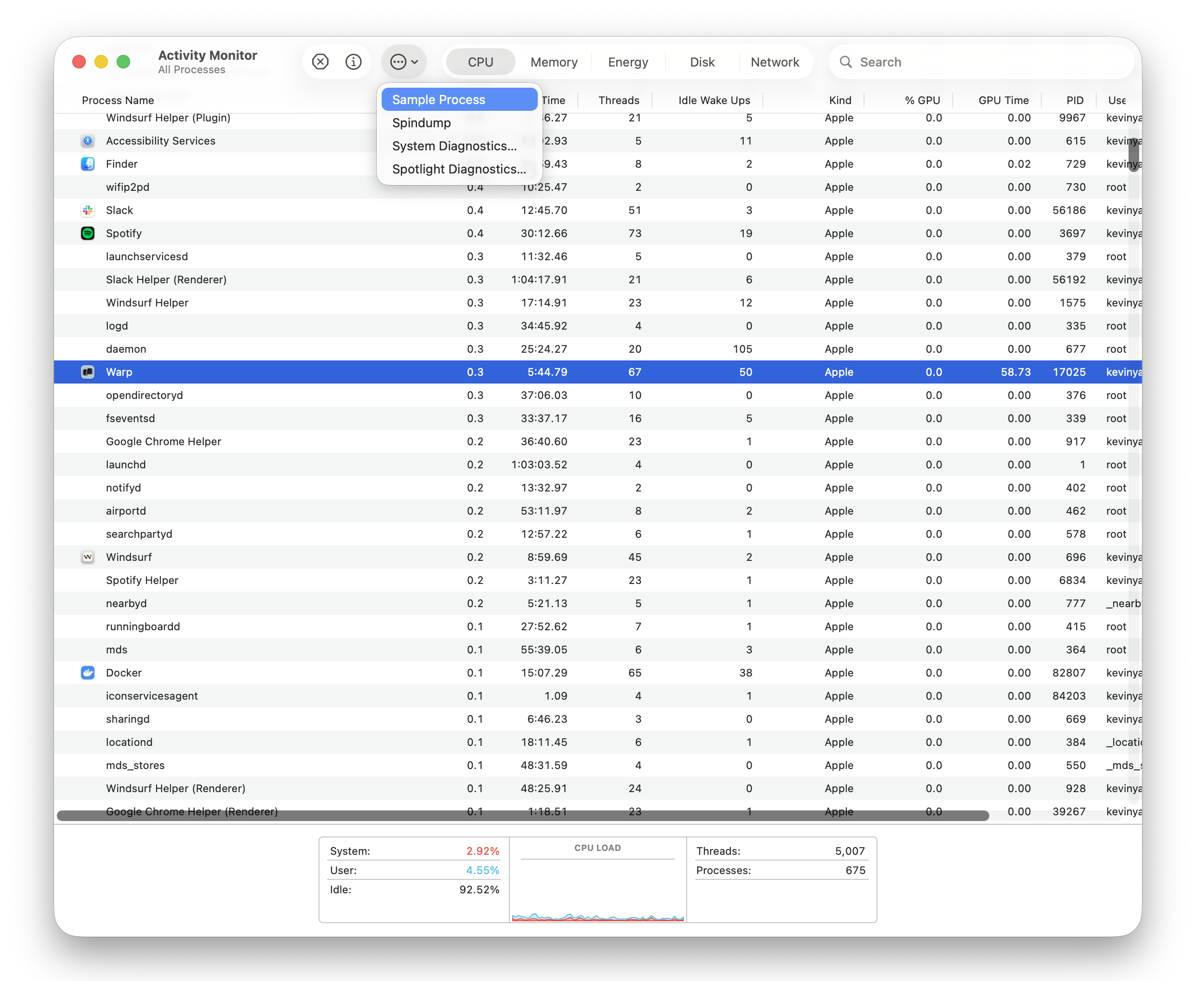 Sampling the Warp process in Activity Monitor